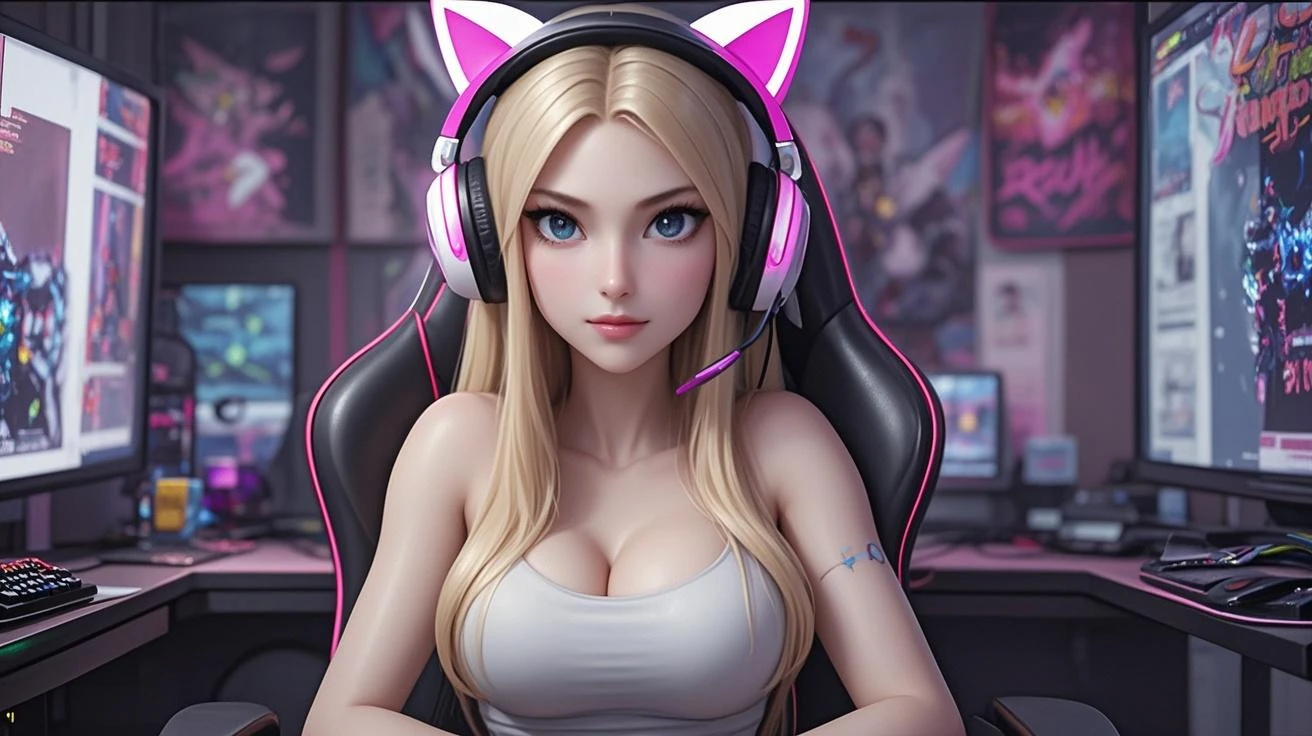 Twitch gamer girl ((@vanilopa_tik)crazy and pretty Russian (age 20) ass up bent over petting cat, cute geek, 80s big slightly curled hair, a little belly, slutty Pokémon lingerie with 2 tails (dirty or cute messages on panties and or top), cat ear headset, lewd flirting, expensive gaming chair) video controller nearby, turned to face viewer