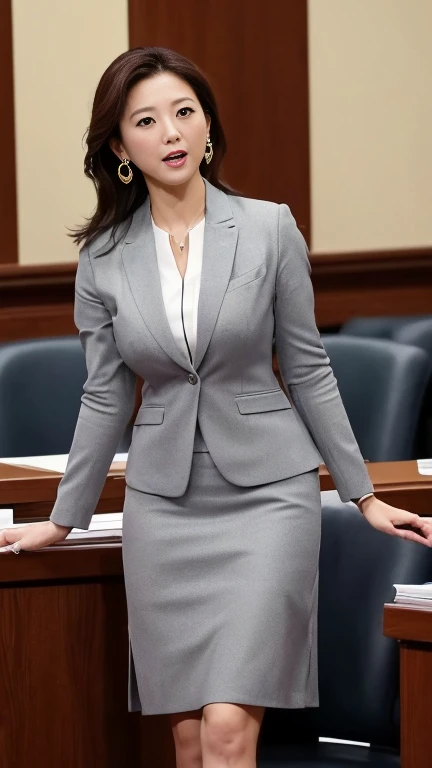 (8k, Best Quality, Masterpiece, Realistic, Photorealistic, Ultra Detailed:1.3), (1girl, pretty Japanese), (suit jacket, skinny pantsuit:1.3), Smile, (gigantic breasts, cleavage:1.2), (naked, topless:1.3), bangs, navel, (narrow waist, full body, thin long legs, high heels:1.3), necklace, wristwatch, bag, dynamic posing,