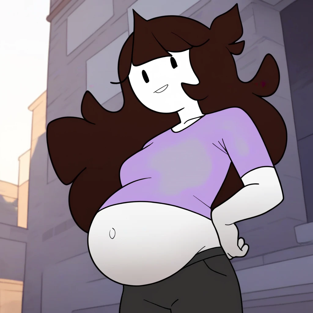 (masterpiece, best quality:1.2), extremely detailed, soft ambient lighting, sharp focus, 4K, BREAK 1girl, solo, jaidenanimations, purple shirt, black pants, long brown hair, white skin, BREAK simple background, white background, looking at viewer, smiling, hands on hips, vore belly, belly movements