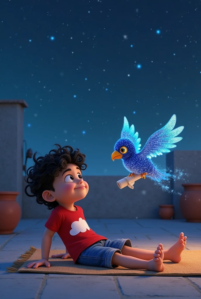 Background Story: Blue sky with birds flying.
Ambiente: na praia com belas ondas no mar.
animation: The child is dressed in a tank top, is happy.