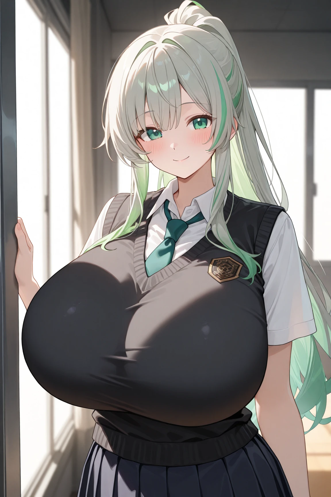score_9, score_8_up, score_7_up, source_anime BREAK 1girl, solo, <lora:soda-nikke-richy-v1_pdxl:1> nikkesoda, purple eyes, long hair, green hair, bangs, double bun, antenna hair, hairclip, nude, huge breasts, navel, midriff, open mouth, looking at viewer, blush, breast hold, multicolored gloves, detached collar, green ascot, huge areola, covering breasts