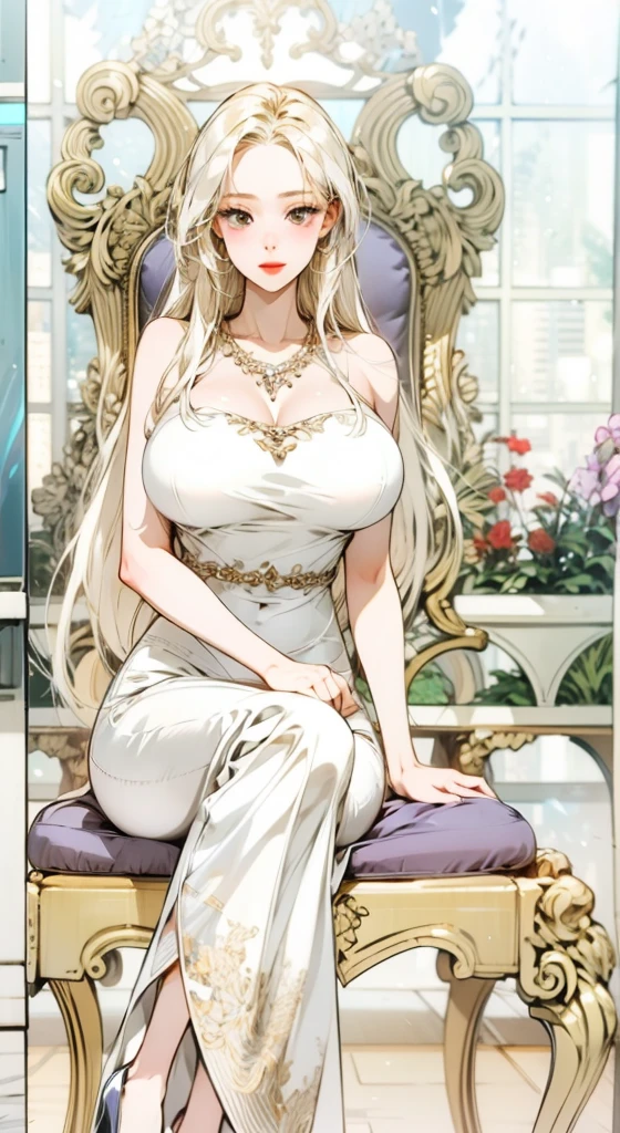 Woman sitting on a queen's throne, luxurious throne room, royalty clothes. masterpiece, beautiful woman, wide breasts, perfectbody. royalty clothes, white dress with gold details, open neckline, sleeveless