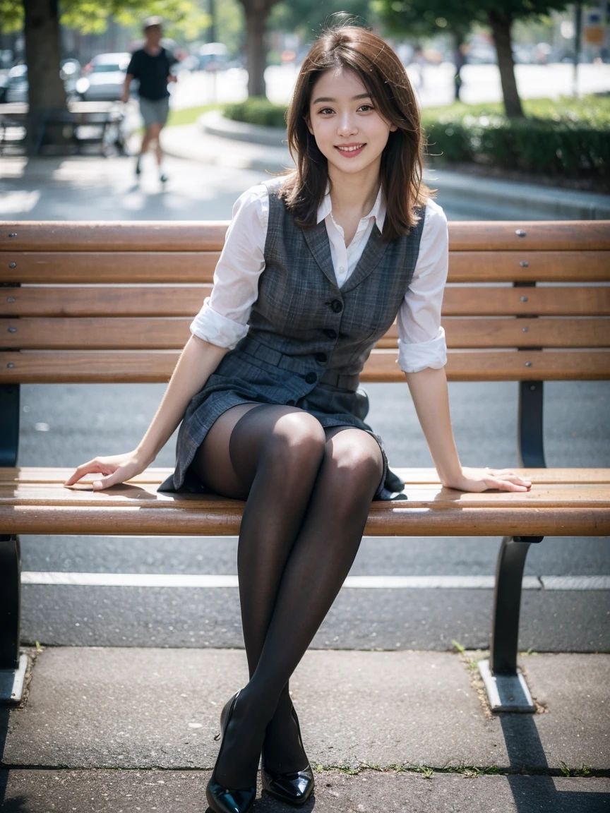 Very beautiful woman、Perfect Style、Perfect beautiful long legs、 (RAW Photos:1.2), (Photorealistic),(Genuine: 1.4), Pieces fly, highest quality, shape, Very detailed, finely, High resolution, 8k wallpaper, 完璧なダイナミックな構shape, Beautiful and beautiful eyes, (Plaid vest), , A tough challenge, (Ultra-realistic pantyhose:1.2), A tight, thin miniskirt and long, brown, unkempt hair.,, Natural color lip, Bold sexy pose, (A very loving smile:1.2)、25-year-old woman、cute、sexy shot looking at camera, Realistic skin texture、Shiny skin、Exposed thighs!!! (Full Body Shot:1.2),You can see the toes of her high heels、healthy thighs、Beautiful feet、Thin black pantyhose、