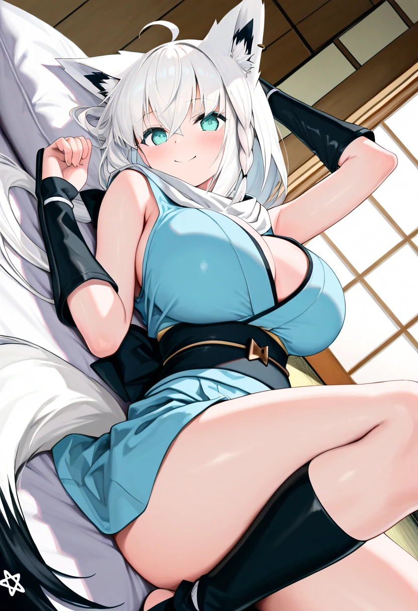 (1girl:1.3), (photorealistic:1.4), (masterpiece, top quality, best quality, official art), extreme detailed, highest detailed, (ultra-detailed), ((an extremely delicate and beautiful)), cinematic light, (, sexy, upper body, shy look, tight dress, aroused look, lips apart, moaning, white hair, messy hair, , getting intimate, love scene, laying on sofa, underboob),