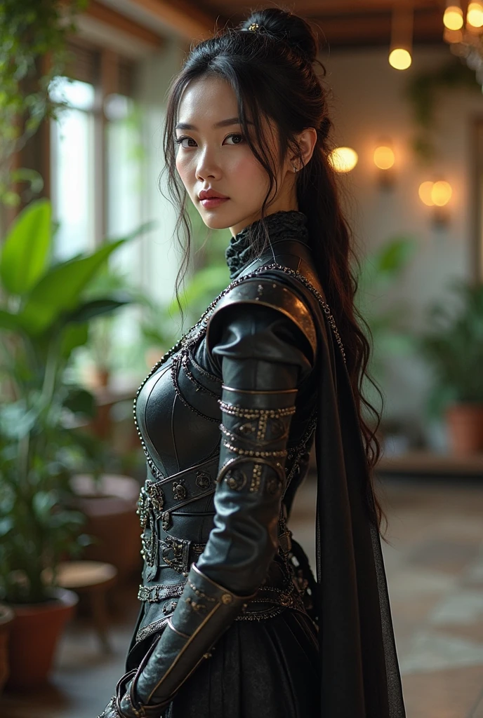 extremely beautiful girl, subtle makeup, silver hour, photorealistic, high contrast, 8k HD, detailed, hyper-detailed, realistic skin texture, long dark hair, big chest best quality, ultra high res, raw photo, dramatic lighting, unreal engine, intricate diffuse glow eaba silver, black cover, outdoor, forest, standing