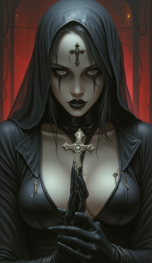 Tanned skin, possessed nun, demonic eyes, beautiful girl, cursed, blood tattoos, halter, watching viewer,