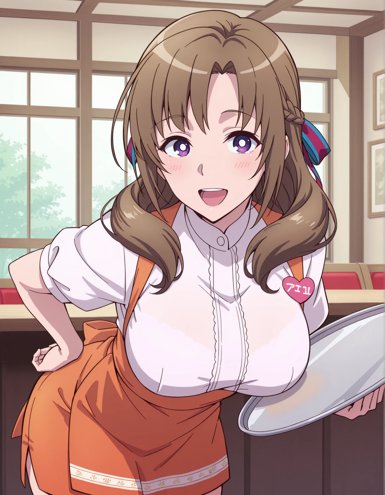Score_9, score_8_up, score_7_up, source_anime, Mamako OOSUKI, solo, bronze hair, long_hair, hair ribbon, multicolored ribbon, braid, purple_eyes, huge_breasts, (best quality), (high quality), {masterpiece}, extremely delicate and beautiful, ultra-detailed, beautiful detailed eyes, anna miller, waitress, white shirt, short sleeves, puffy sleeves, orange suspender skirt, high-waist skirt, waist orange apron, name tag, restaurant, indoor, holding silver tray, smile, open mouth, leaning forward