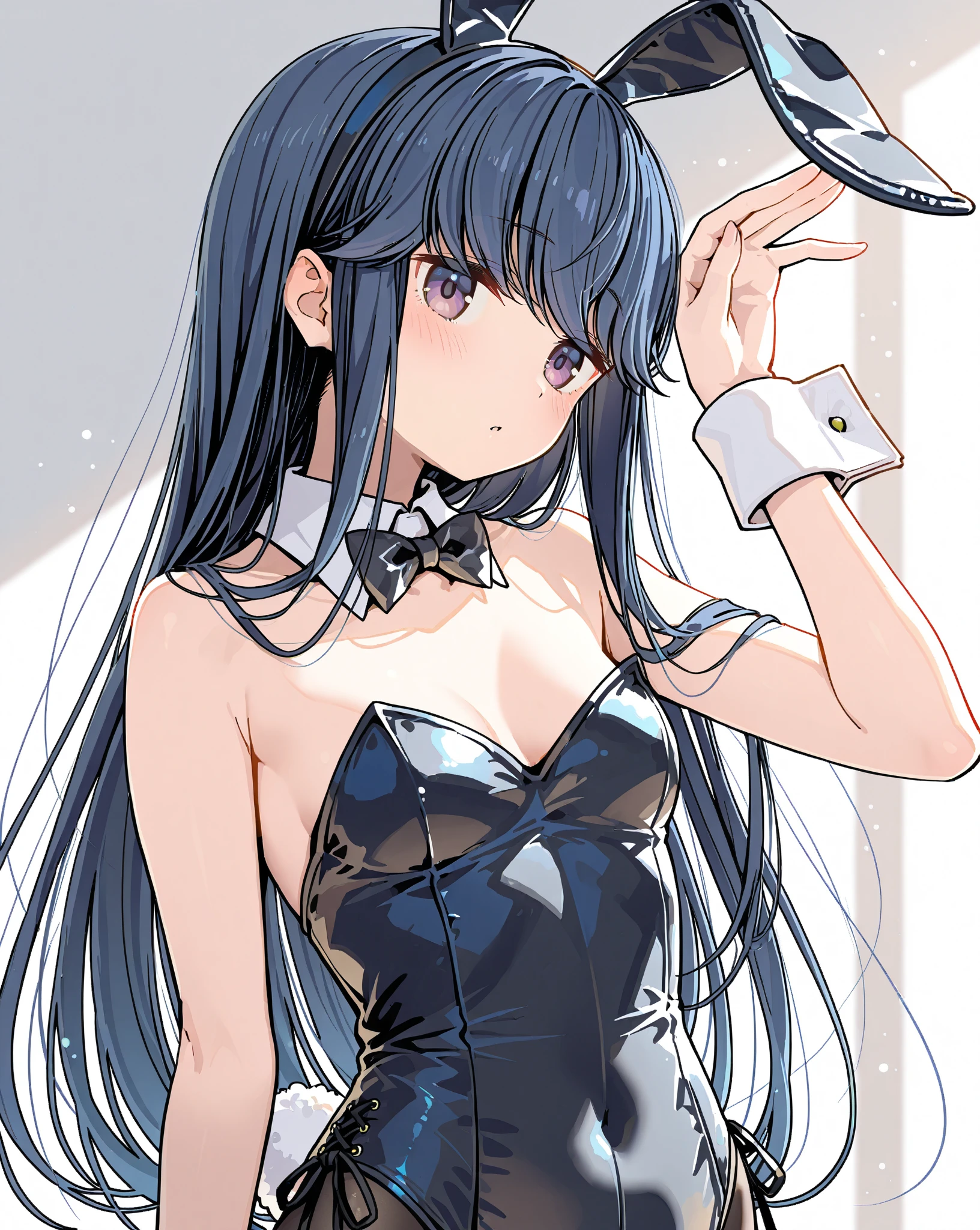 ponytail,Black Hair,Cat ear,Cyan eyes,Cat Tail,woman,anime,slender,Bunny suits tailcoat,drunk, blush, open clothes
