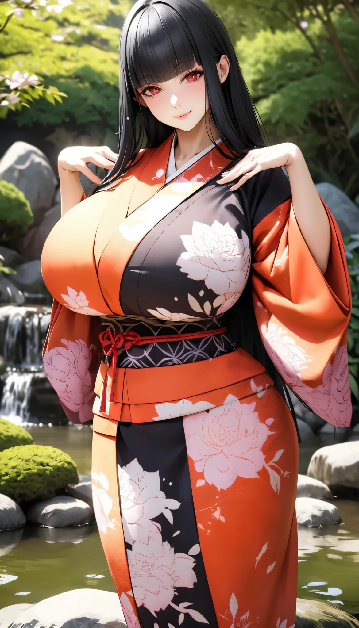((Best Quality)), ((masutepiece)), (Detailed), (highlight), Perfect face Young girl with detailed face showing cleavage、Long, thick, shiny, beautiful black hair with blunt bangs、Single-color background、standing wearing a patterned kimono、