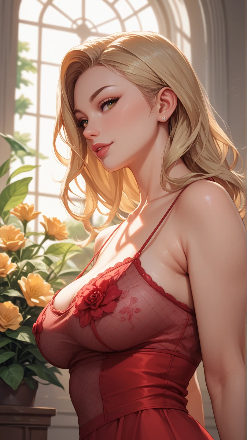 masutepiece, Best Quality, Illustration, Ultra-detailed, finely detail,blonde bair, hight resolution, 8K Wallpaper, Perfect dynamic composition, Beautiful detailed eyes, Natural Lip, Red knitted dress , Big breasts, cleavage. vonzy