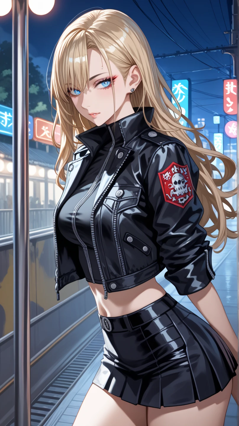 masterpiece, best quality, highres, 1girl, city background , giovanna, one piece dress, <lyco:Giovanna:0.88>, chain, pantyhose, black jacket, open clothes, jewerly, belt, standing, red suit cuffs