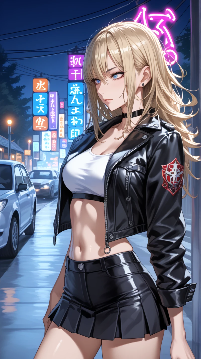 1girl, aqua eyes, bangs, belt, bikini, bikini top only, black gloves, black hair, blonde hair, breasts, choker, cleavage, collar, earrings, explosion, fingerless gloves, fire, from above, gloves, green eyes, high ponytail, jacket, jewelry, large breasts, lips, lipstick, long hair, looking at viewer, multicolored hair, open clothes, open jacket, pants, ponytail, purple bikini, red lips, smoke, solo, swimsuit, two-tone hair, very long hair, weapon,baiyi,[[realistic]],(shiny skin),(masterpiece:1.4),(best quality:1.4)