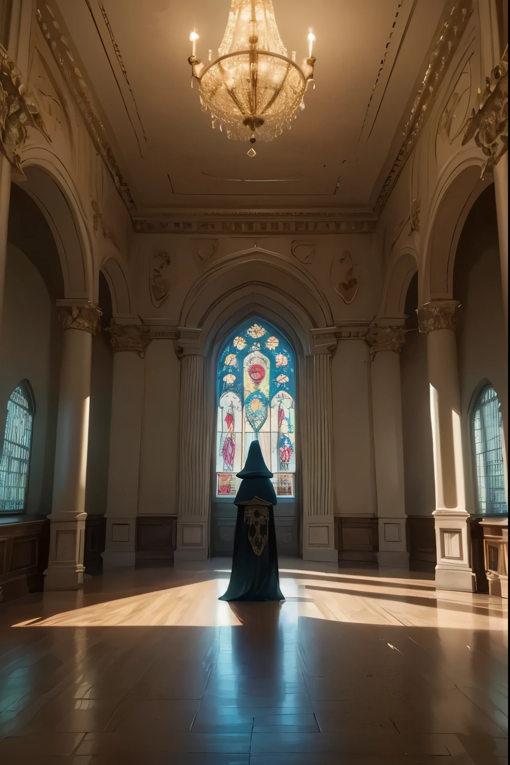 exploring an enchanted palace, detailed fantasy palace interior, large ornate throne room, intricate stone architecture, stained glass windows, glowing magical lights, mysterious hooded figure standing at the center, dramatic cinematic lighting, vivid colors, photorealistic, 8K, highly detailed, masterpiece, professional digital art