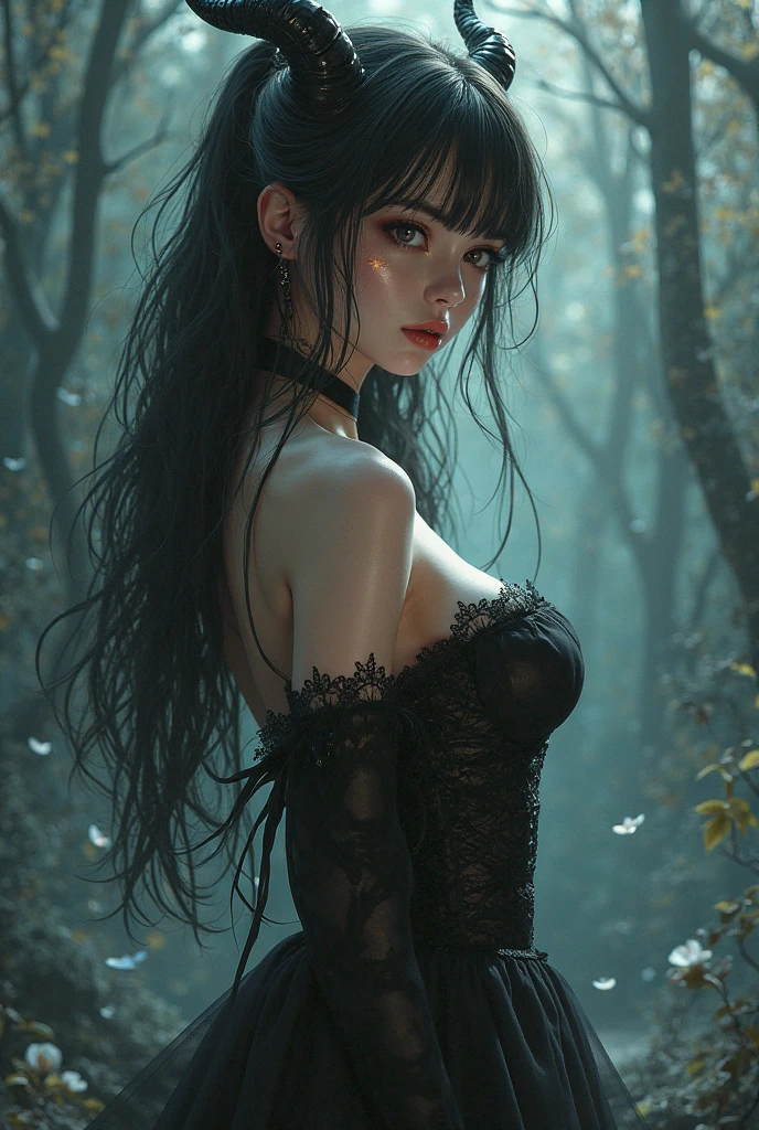 1.2, realistic, Ultra Detail, Ultra High Resolution, blurry, extremely detailed CG unity 8k wallpaper, finely detail, highly detailed, cinematic lightning, official art, perfect anatomy, perfect hands, perfect face, round face, best quality, dreamlikeart, (8k, RAW photo, best quality, masterpiece:1.2), (BREAK:1.7) score_9, score_8_up, rating_questionable, masterpiece, best quality, BREAK, beautiful, masterpiece, best quality, extremely detailed face, perfect lighting, (absurdres), (ultra detailed, 8K, ultra highres:1.2), perfect lighting, (realistic, hyper photorealistic:1.40), (Best quality, 8k, 32k, Masterpiece, UHD:1.2), (beautiful face:1.3), (medium_chest:1.3), (BREAK:1.7), Long flowing ((brown hair)) with ((streaks of pink)) in it, captivating violet eyes that shimmer with curiosity and hidden wisdom, A tattered, gothic-inspired dress with layers of dark fabrics like black lace, deep red velvet, and silver accents.A dark, mystical landscape with an eerie, moonlit sky. Shadows of twisted trees and ancient ruins might be visible.