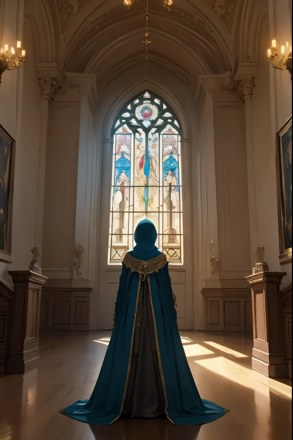 exploring an enchanted palace, detailed fantasy palace interior, large ornate throne room, intricate stone architecture, stained glass windows, glowing magical lights, mysterious hooded figure standing at the center, dramatic cinematic lighting, vivid colors, photorealistic, 8K, highly detailed, masterpiece, professional digital art