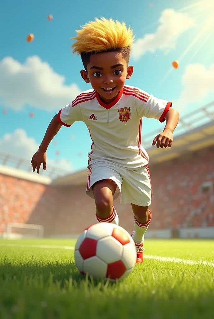 boy with dark skin, black hair and brown eyes playing soccer