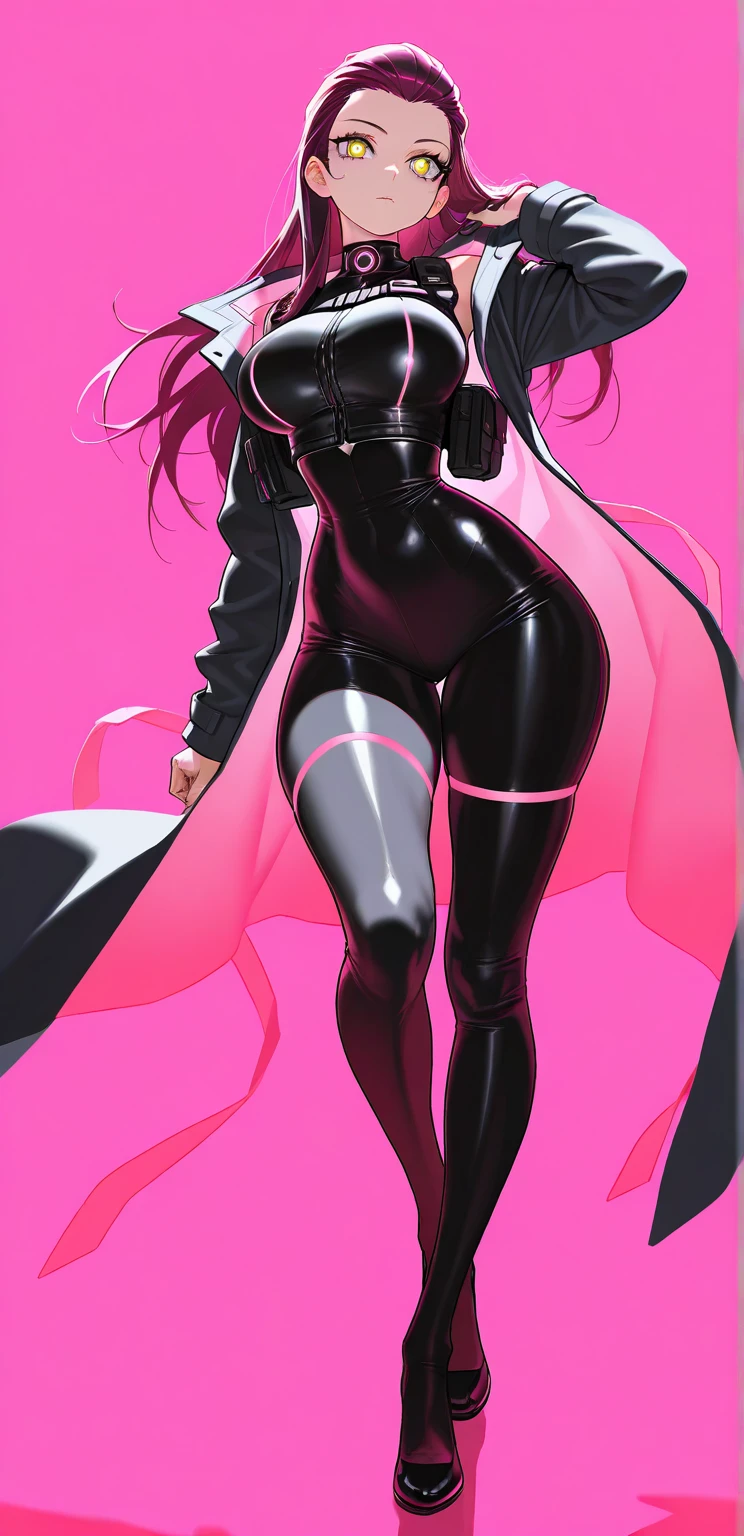 A 20-year-old woman in a black jumpsuit stands in front of a white motorcycle, Long black hair, Plump crotch, tight attire, tight costume, in spandex suit, wearing tight simple clothes, tight full body suit, intriguing outfit, Tight dress, Pink body, Some white, Tight fit, Wearing track suit, Good hips and long legs