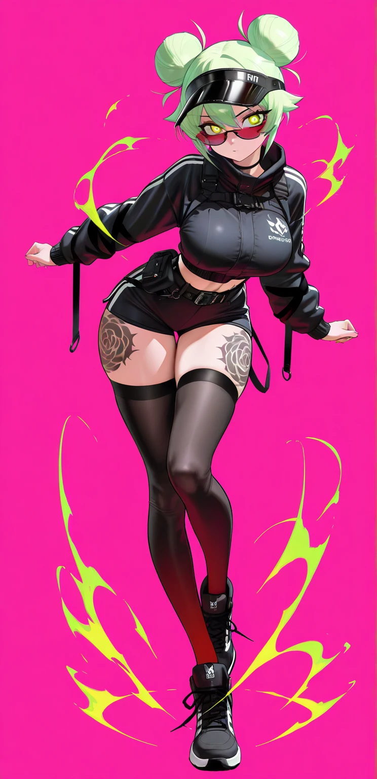 1girl, solo, (gigantic breasts:1.5), black hair, green eyes, full body, standing, short hair, (punk:1.5), arms behind head,
