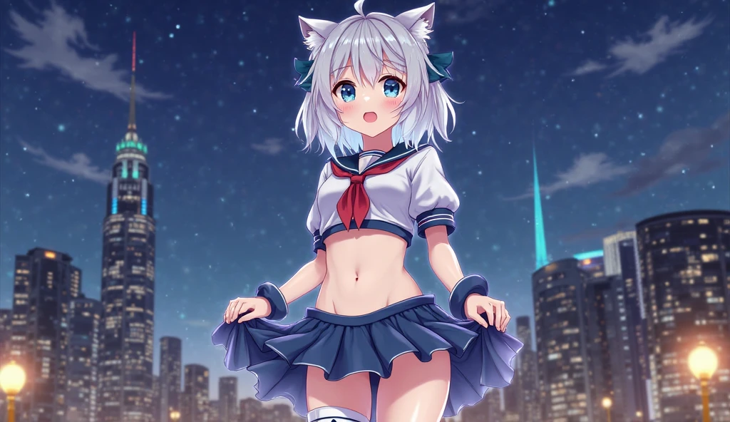 ((Masterpiece)), (Best Quality: 1.7), (detail: 1.4), (High resolution: 1.4), 8K, (color: 1.5), 2D, High resolution, Sharpen image, 4K, HD, neferpitou_hunterxhunter, 1 other, solo, red eyes, white hair, tail, white socks, animal ears, curly hair, hair between eyes, medium breasts, hermaphroditous, short hair, cat ears, blue sailor suit top with navel exposed, cat tail, (((white calf socks)), (narrow eyes), ((slim)), long legs, :3, short skirt, movie lights, (proud)), ((adult characters)), sitting, looking at the audience, front, full body, sneakers