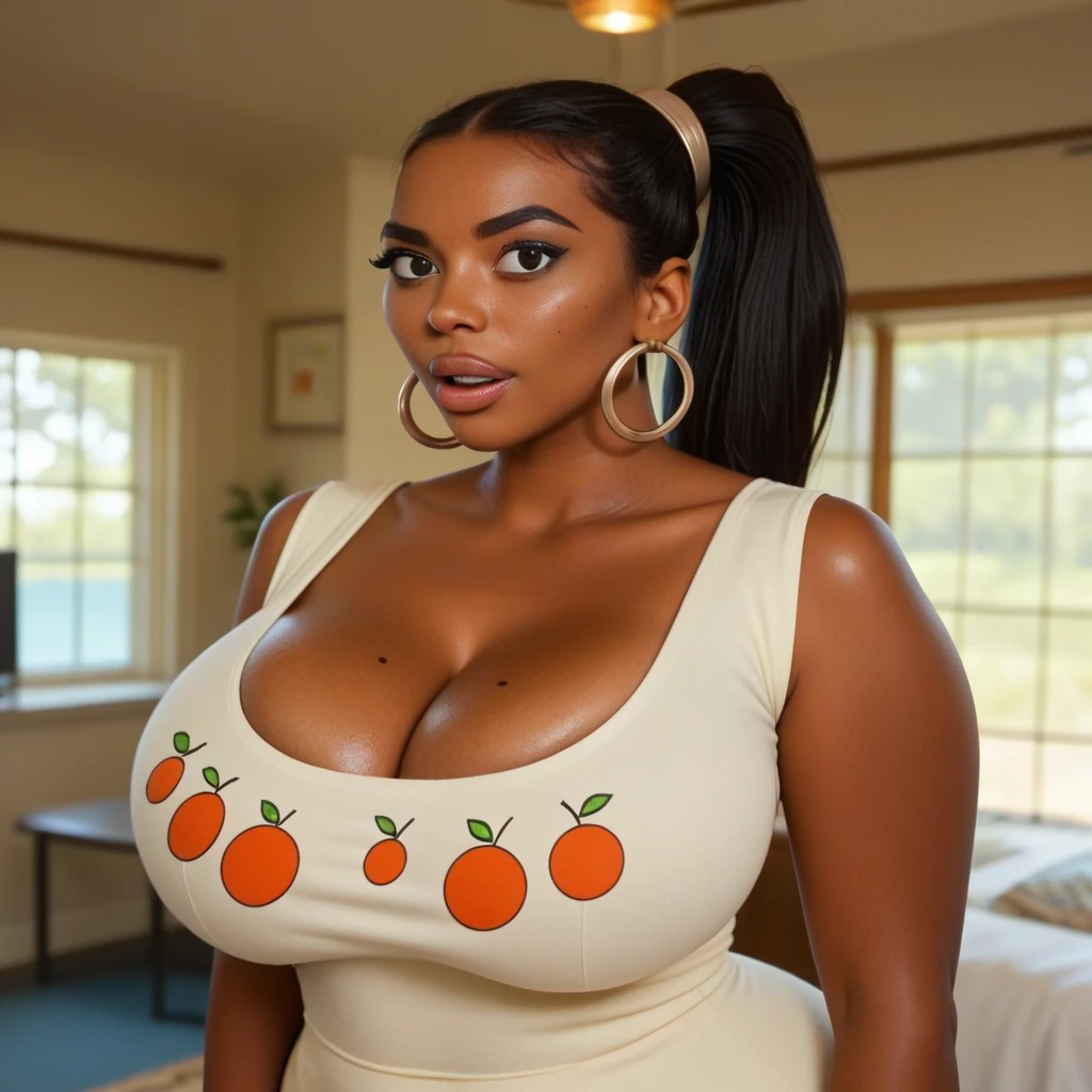 (Obra prima, master part, alta resolução), (Emily is a black African woman), (melhor qualidade,4k,8k,alta resolução,masutepiece:1.2) (RED HAIR), (BBW MILF, 40 ANOS DE IDADE), afro hair, (enormes tetos: 1,9), (seios enorme), (QUADRIL ENORME), (BUNDA GRANDE), tiro da pelve, (sexy shine white leather nurse mini dress), (is lying on a bed), sexy, sensual, hot, sorridente, (Sagging Tits: 1,9), decotes enormes. (mesmo personagem, frente, lado, behind), perfecteyes,
