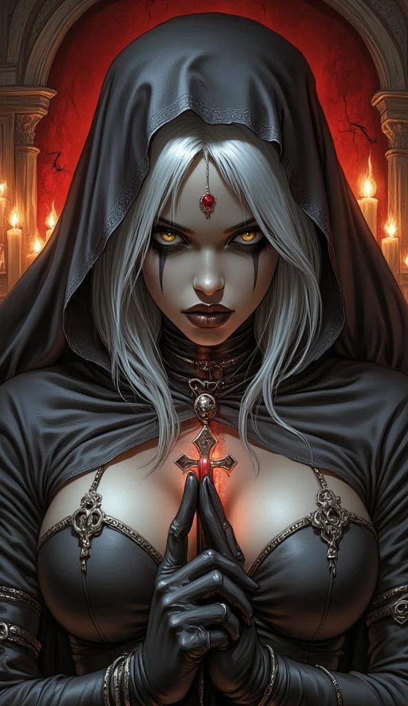 score_9, score_8_up, score_7_up, score_6_up, score_5_up, score_4_up, solo, necromancer lady, white hair, long fluffy side locks, hair tubes, big thick full lips, ((pouted lips)), ((mature woman)), ((NSFW)), sexy, saddened face, tears, gold bracelets and necklaces, ((body jewelry)), topless, (((hooded cloak))), tattered black cloak, tattered pelvic black curtain, ((blindfold)), pelvic curtain, sandals, (((gigantic breasts))), ((sagging breasts)), big nipples, wide hips, thick thighs, intricate details, detailed background, sharp focus, ((underground tomb)), mist fog, cemetery, gravestones, moon, spirits, dynamic, expressive, bleak world, ((clasped hands)), close up shot