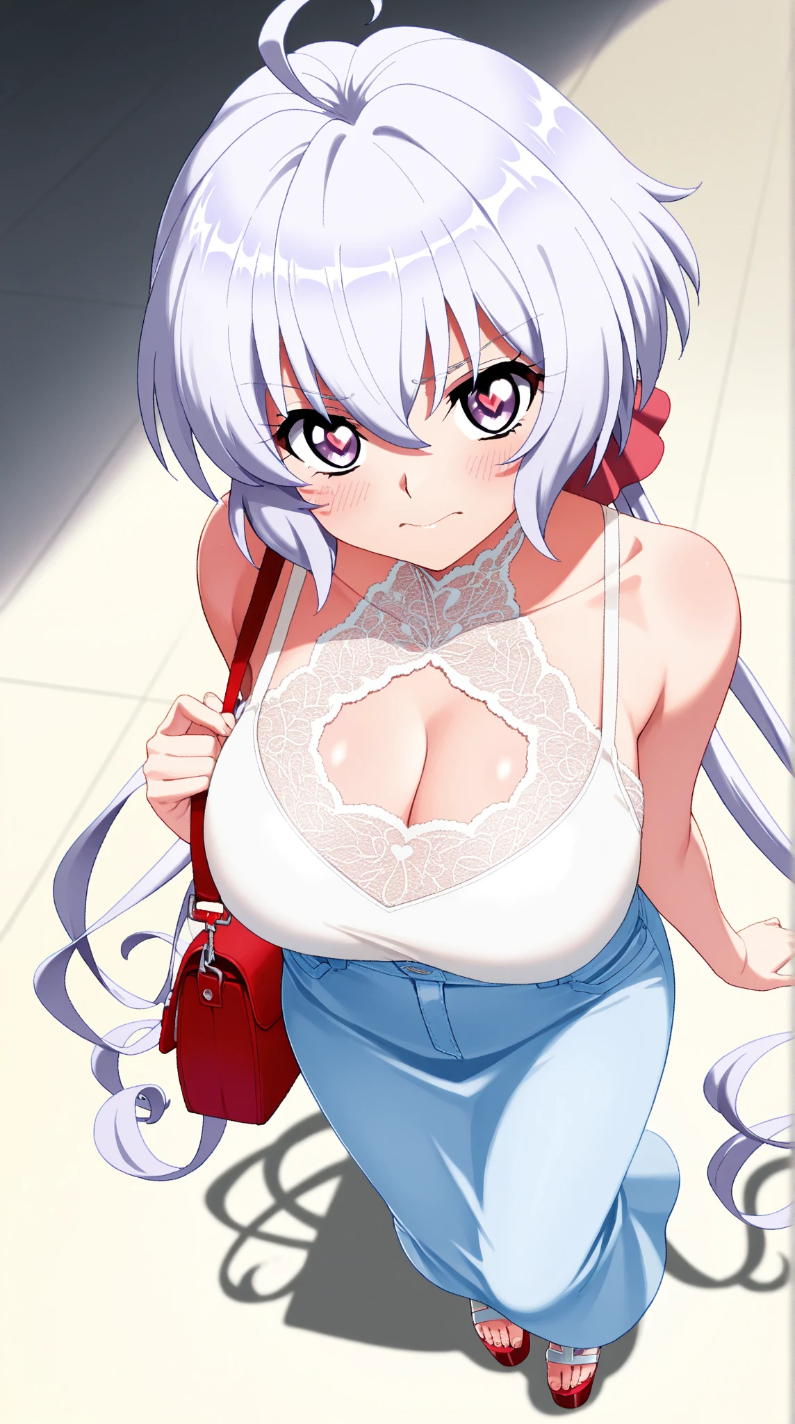 anime girl with white hair and pink eyes posing for a picture, seductive anime girl, white haired deity, in white clothes, white haired, white haired lady, in dress, girl with white hair, perfect white haired girl, revealing clothes, anime moe artstyle, white dress!! of silver hair, white-haired, oppai, yoshinari yoh