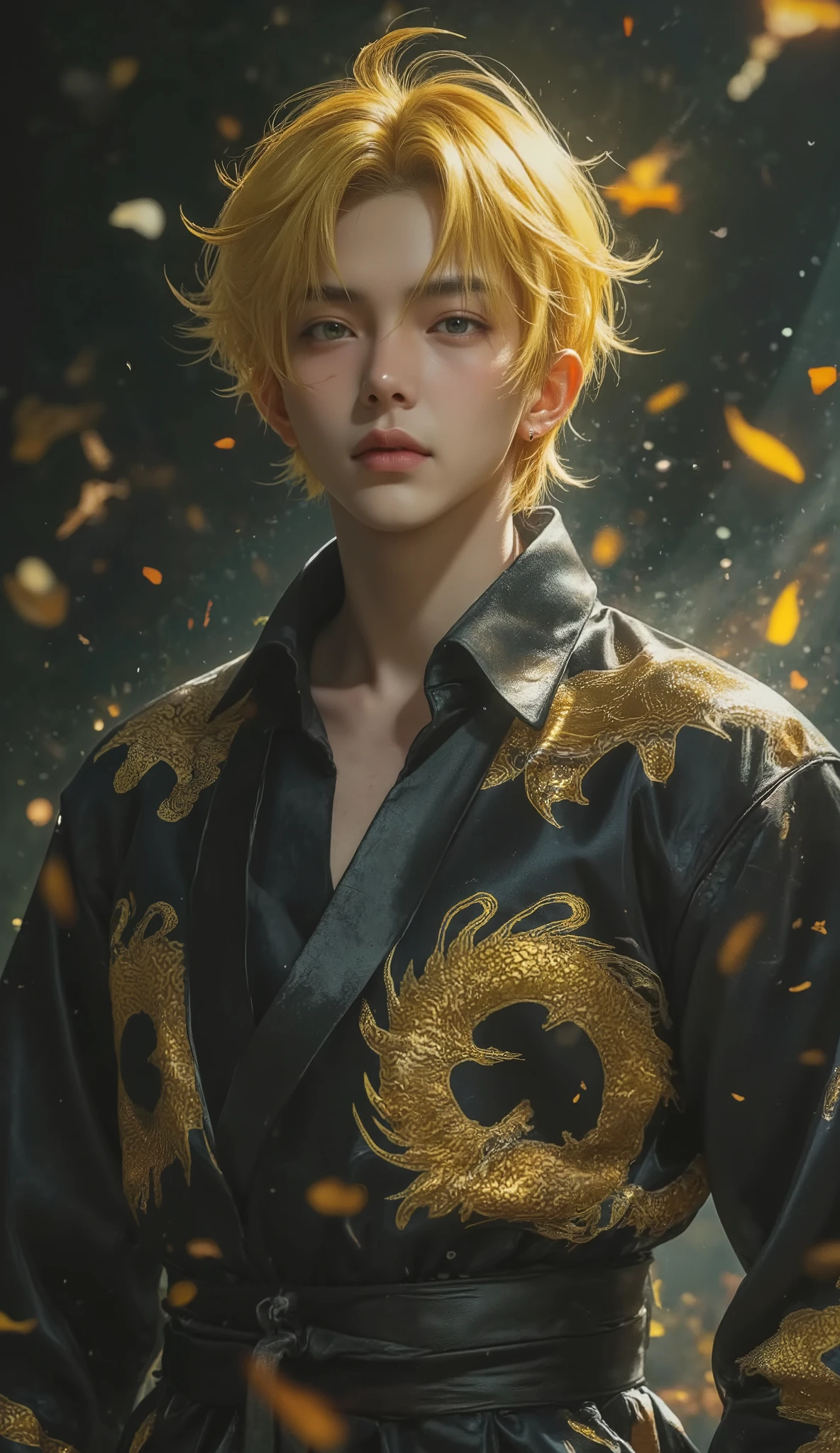 1man, Young man, ((age Around 22 to 27)), ((Yellow-Black Hair, Medium Hair, Chiseled face, High cheekbones, Sharp Prismatic Amber eyes, Athletic body)), wearing Chinese Dragon Pattern Hanfu, Intimidating aura, Standing, Full Body.
