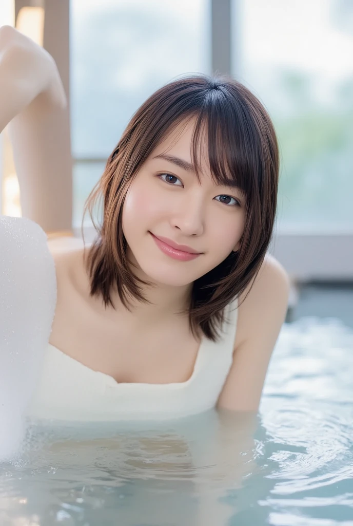 (naked bathtowel,cleavage,sitting in the water:1.3), boobs Skin color, droppy big eyes, smile, (8k, RAW Photos, Highest quality, masterpiece:1.2), masterpiece, super detailed, super high quality, (Realistic and Realistic photography:1. 37), High-resolution RAW color photos, Very delicate and beautiful, highly detailed, 8k wallpaper, wonderful, detailed,short hair,bangs, Very eye, very detailed, very detailed skin, very thin fingers, very detailed nose, very detailed mouth, Perfect Anatomy, Upper Body, studio, Soft lighting, A full-body shot of a cute idol wearing one-piece swimsuit, Playful pose, Hands on hips, smile, Pastel Background, Realistic, Attention to detail, studio photography