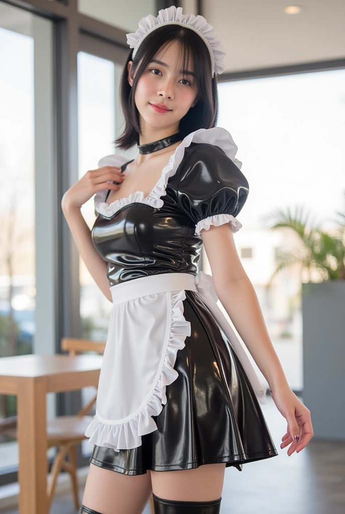 highres, masterpiece, perfect lighting, perfect skin, female, looking at viewer, modelling in the kitchen, light background, (RSEEmma:1.1),<lora:RSERomantic_RSESofiko_RSEEmma-v1:0.4>, maid, apron, (latex:1.5), <lora:Japanese maid dress8:0.5>, <lora:bigHardLatex_v10:0.5>, parted bangs, (black hair), very long hair, cleavage, long hair, smile