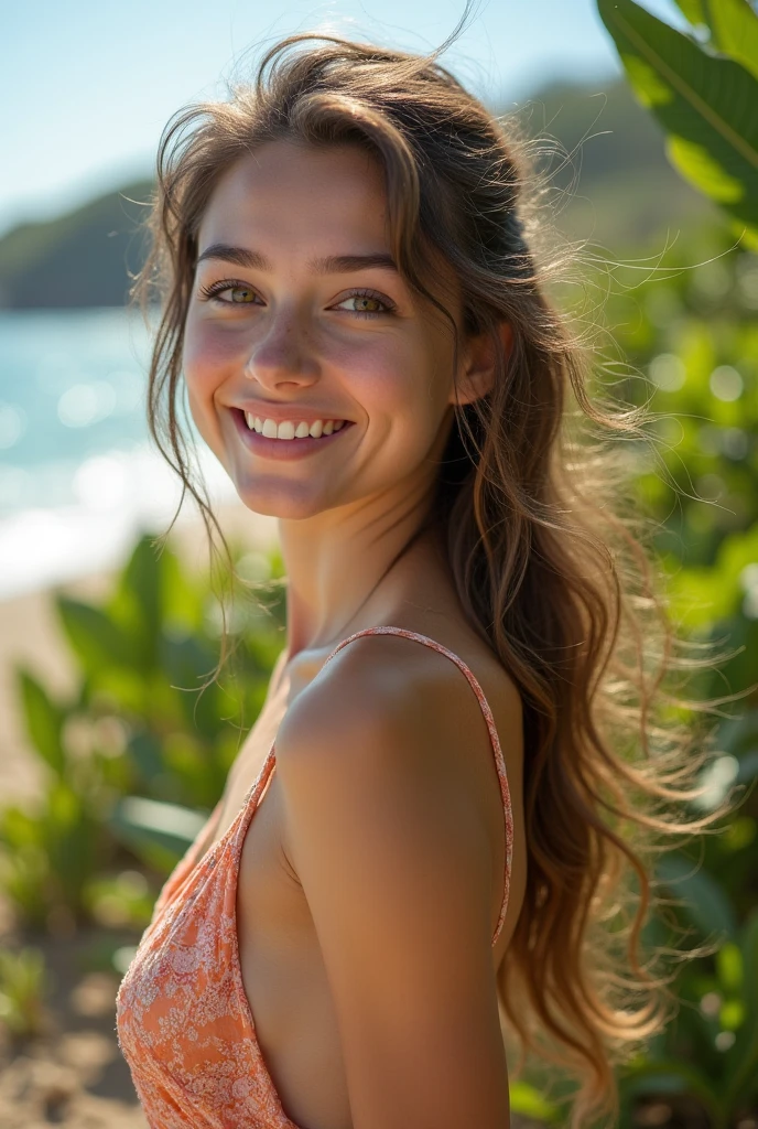 ((best quality)), ((masterpiece)), (detailed), beautiful light redhead wearing sports clothes (taking a selfie in which she holds her cell phone facing her on the beach at sunset like an influencer), very detailled, 21 years old, inoccent face, natural wavy hair, blue eye, high resolution,work of art, best qualityer, details Intricate, very detailled, sharpening, skin detailed, realisitic skin texture, texture, detailedeyes, proffesional, 4K, charming smile, shot with Canon, 85mm, Shallow depth of field, Cores Kodak Vision, perfectly fitted body, extremely detaild, photoshot_\(ultra\), photorealisitic, realisitic, after treatment, Maximum details, roughness, real-life, ultra realisitic, photoshotrrealismo, A photoshotgrafiae, 8k uh, A photoshotgrafia