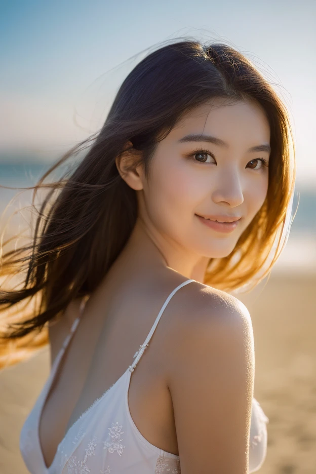 1 girl, Korean model, extremely beautiful, perfect body. Photo taken with Canon RF 85mm f/1.2 camera adjusted to sharp mode for people and background scenery. 8K photo quality, lifelike, masterpiece, highest sharpness and contrast, large depth of field, stereoscopic light. Brown hair, long and smooth, the wind blows hair beautifully under the bright sunlight. Beautiful face, perfect and sexy, holy, perfectly balanced, beautiful to every detail. Skin ((shiny)), high-end cosmetics makeup. Bright smile, white teeth and details. Sexy glossy red lips, bright glossy red lipstick. Brown eyes, wet, sexy, ((sharp makeup)), realistic, ((wet eyes)), details. Pink eyeshadow, long eyelashes, blush, high-end cosmetics. Exquisite double eyelids, beautiful and perfect details, black eyelashes. Curved, sparse, sharp and detailed eyebrows. High and detailed nose. Prominent and detailed cheekbones. ((Bright white skin)), detailed pores, shiny skin, smooth and supple skin. Beautiful, perfect hands, ((flawless)), no defects. Complex lighting, yellow-black rays, ((direct lighting on the face)), sparkling sunlight, ((lighting in front of the girl's body)).
(((Angel girl, wavy hair, hair blown by the wind, feet lifted off the ground, tiptoeing as if flying, posing in mid-air, symmetrical posture, extremely beautiful, high-slit transparent ao dai, fit body, ((full body shot)), face looking up, vast natural background, angle from the girl's feet to her belly)))