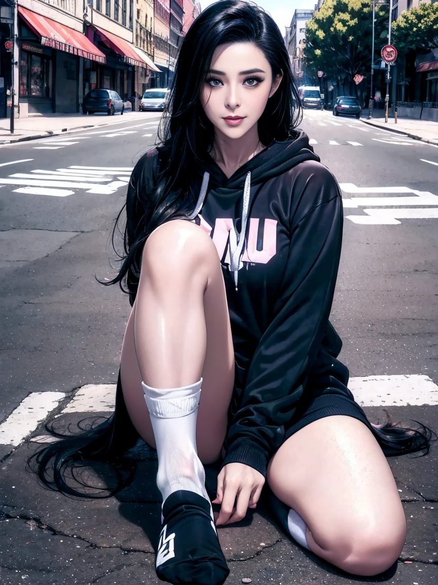 source_anime, 1girl, solo, 
osagechan-default, osage \(nukunuku nigirimeshi\), grey eyes, black hair, low twintails, grey hoodie, oversized clothes, black thighhighs, sneakers, urban, graffiti, waiting, crossed legs, leaning back,