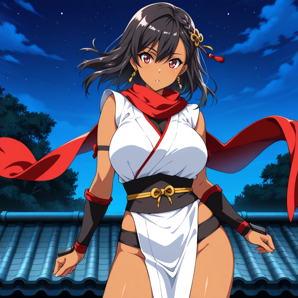 solo, Rukia_Kuchiki (short black hair, small breasts), sexy kimono, shoulders showing, armpit, arms up, japanese city at night