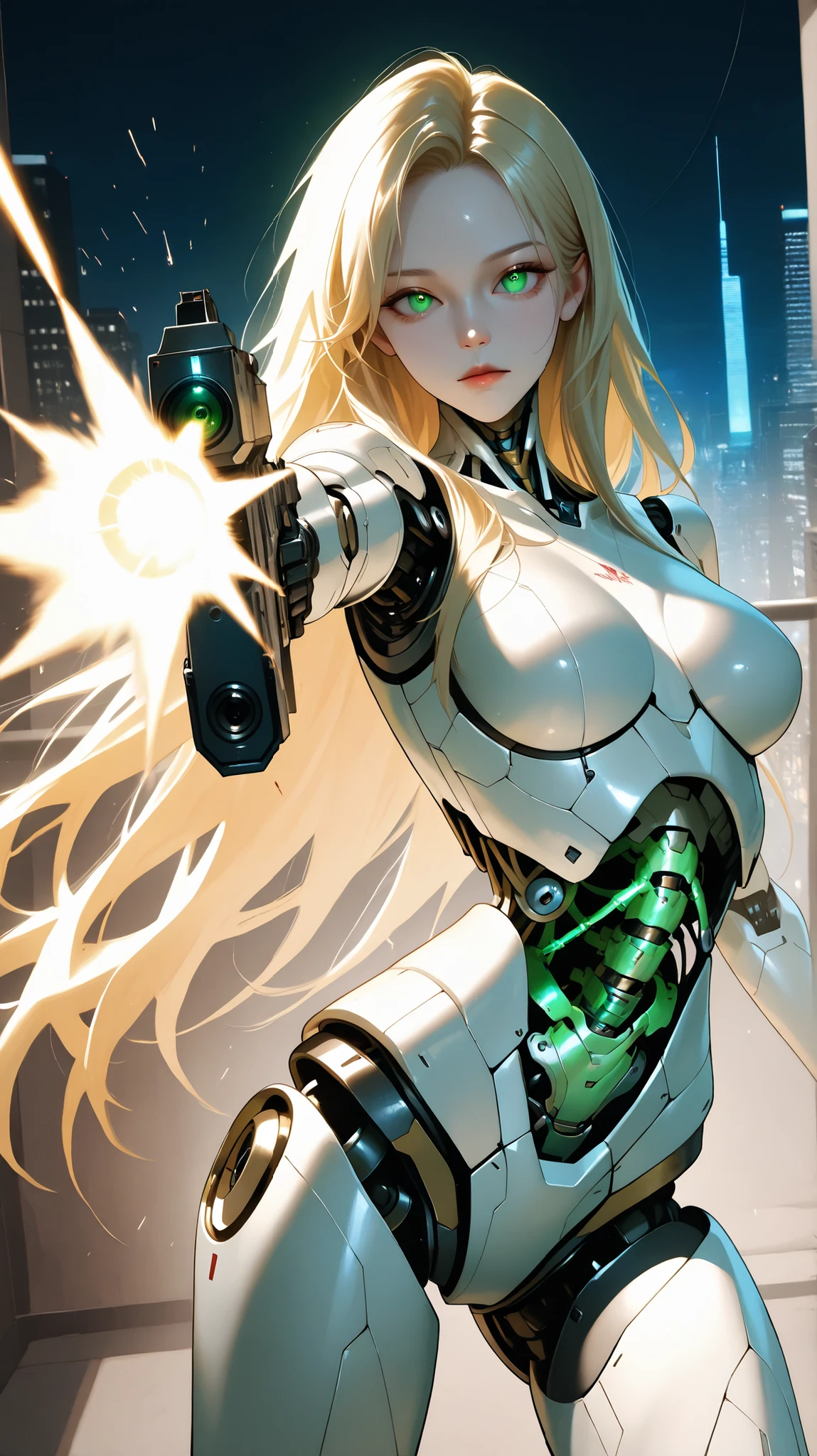 very aesthetic, 걸작, 고해상도, 8k 해상도, high contrast, (semi-realistic), newest, koreanai, best_quality, finely_detailed_eyes_and_detailed_face, (1 humanoid_female), long_hair, straight_hair,(no bangs, forehead exposed), realistic_face, synthetic_skin, humongous_breasts, skinny, skinny_face, tall_height, green_eyes, blonde_hair, expressionless, robot_joints, segmented body, exposed_cybernetic_parts, mechanical_torso, mechanical_waist, visible_wires, android_body, robotic_limbs, futuristic_circuitry, half_open_shell, robot_core_visible, completely_naked, (white_armor_parts), exposed spinal structure, mechanical backbone, visible cybernetic spine, open armor revealing inner vertebrae, glowing spinal segments, reinforced mechanical vertebrae, segmented exo-spine, tech spinal implants, illuminated spine conduit, cybernetic support column along the back, looking_at_viewer, dynamic_pose, firing a weapon, arm fully extended, recoil visible, muzzle flash, aggressive stance, intense aim, combat pose, laser shot, sparks at impact, dynamic_angle, eye level, cinematic lighting, night, city, aiming gun at viewer, shooting toward camera, one arm extended forward, gun pointed directly at viewer, eye contact with viewer, frontal shooting pose, muzzle flash visible