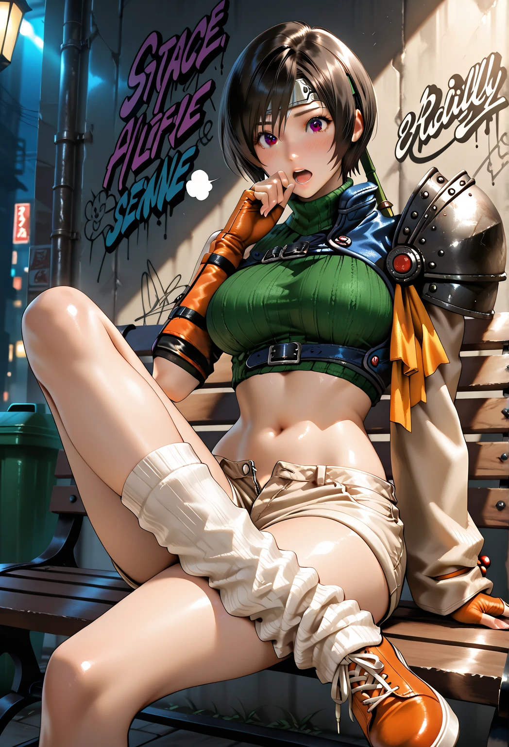 (Yuffie from final fantasy),, batle damaged, clothes very damaged, one tit exposed, panties exposed , masterpiece, cowboy shoot, ultra realistic, micro skirt, cammel toe, ultra cleavage, partialy visible boobs, visible panties, wet visible panties, sexy happy face, sperm in hand, ultra realistic, photo realistic, (1girl), wet body, wet clothes, batle pose, cowboy shoot