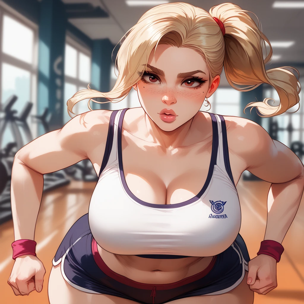 Bimbo girl at the gym,
"(best quality,4k,8k,highres,masterpiece:1.2), ultra-detailed, cartoon Jap anim,vibrant colors, HDR, lovely bimbo girl ,venus body, fashionable gym shoes, dynamic pose, sparkling earrings, perfect makeup, glossy lipstick, captivating smile, short wavy blonde hair, toned arms, motivational gym environment, high-tech workout equipment, energetic atmosphere, fitness trainer providing guidance, motivational quotes on the walls, gym logo in the background, empowering fitness atmosphere, bokeh lights adding a touch of glamour, inspiring fitness journey, intense focus, empowering workout session,