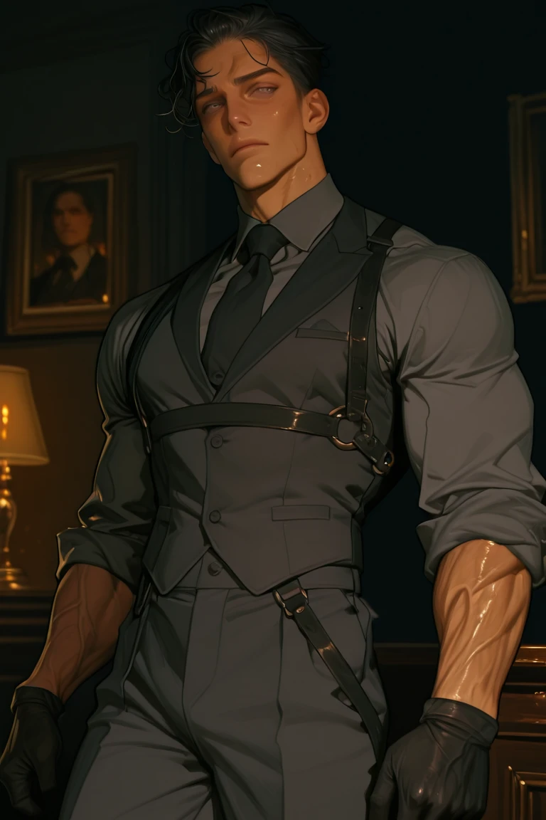 A man of presence, gallant and athletic, a serious and seductive appearance, dark haired, with a withering look, with light and stylish clothes