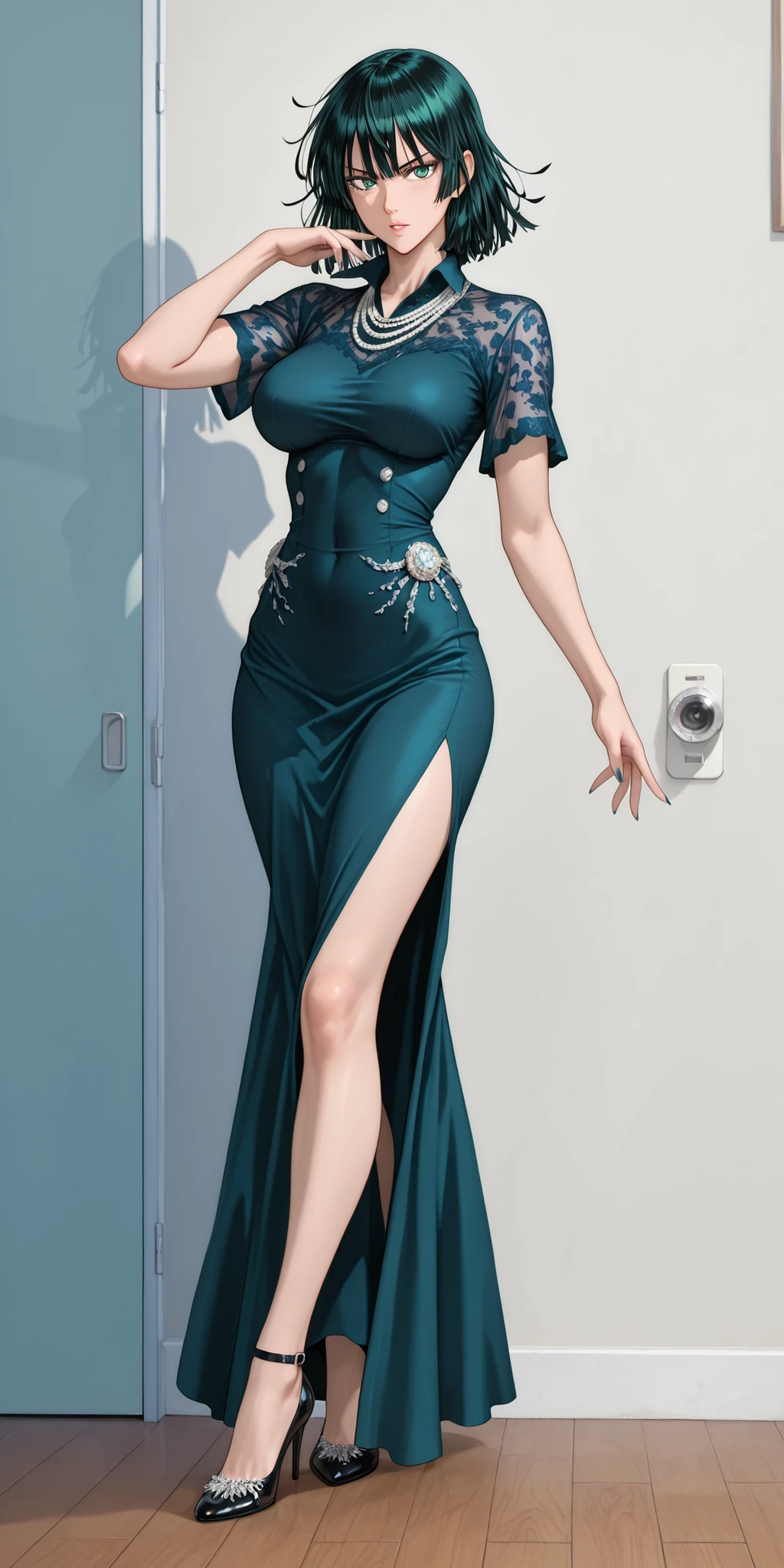 ((masterpiece, best quality, ultra-detailed, ultra-HD, photorealistic, cinematic)), ((alluring female model)), perfect body, voluptuous body, perfect anatomy, perfect face, perfect hands, large cleavage, round ass, round legs, (classic sage green cocktail dress with A-line silhouette and lace overlay), (chestnut hair, Long, flowing waves hairstyle), (pearl necklace and elegant gloves), (gradient background), (wide shot, full body view:1.5), (sensual pose)