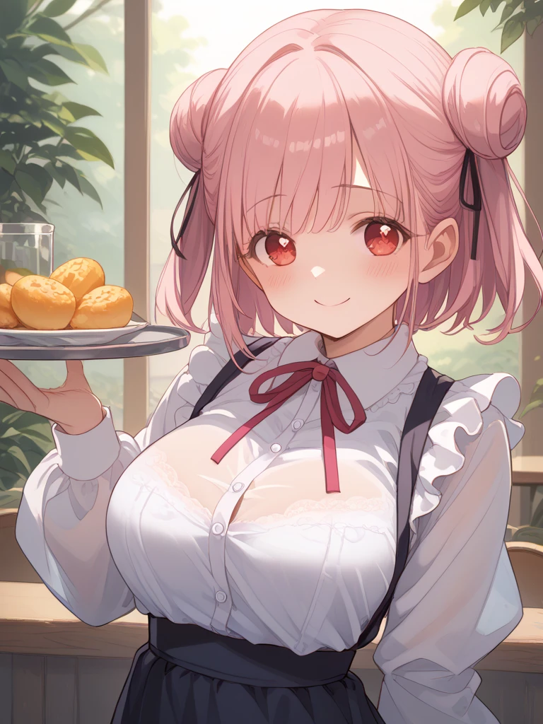 One girl, alone, Long Hair, King Kongu (Kantai Collection),Sakura Miko, Pink Hair, Double Bang, Purple eyes, Hair Bun, Ahoge, Open your mouth, Non-traditional Shrine Maiden, Removable sleeves, Brown eyes, White Background, (headgear):2, (Hair Bunド):2, smile, Sleeves edged with ribbon, Simple Background, kimono, Ribbon trim, View your viewers, username, Upper Body, Wide sleeves, :d, King Kong