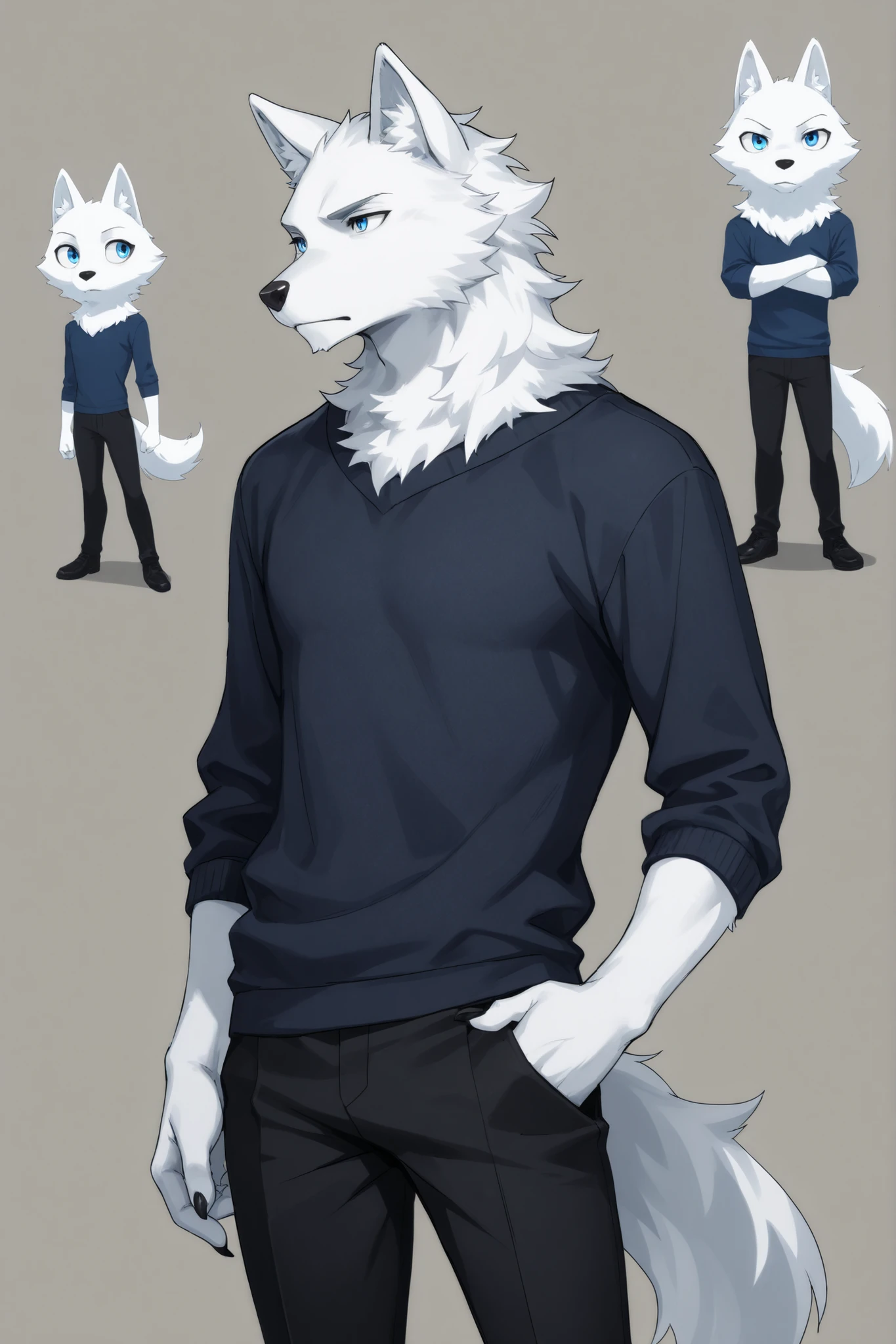 Wolf,blue eyes,clothes,white fur, Slim,Standing picture,Novel game character poses,simple background,