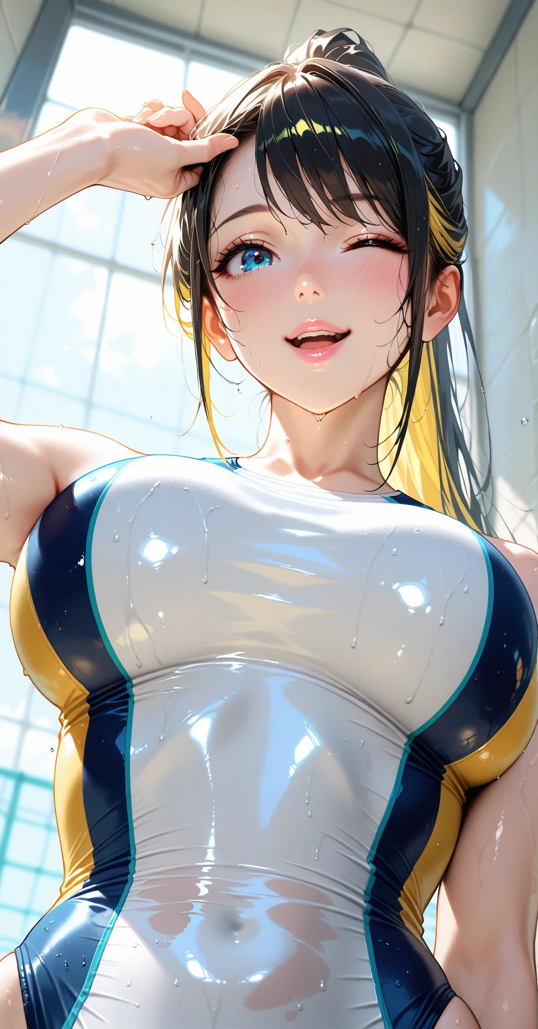 Masterpiece, top quality, super high resolution, ((yellow sportswear)), Japanese woman, double eyelids on both eyes, natural smile, very beautiful 23 years old, cute girl, looking at the photographer, (()), beautiful low ponytail, super cute face, legs up, glossy lips, natural makeup, bridge pose, hips sticking out, long eyelashes, transparent, shiny and silky hair, center image, perfect limbs, perfect figure, wet with sweat,