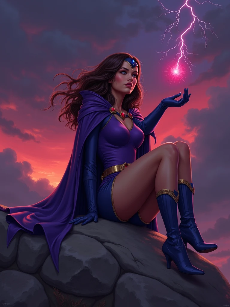 Beyoncé with a purple superhero costume and a cape, long black hair that reaches her buttocks, flyiing in the sky and attracts lightning
