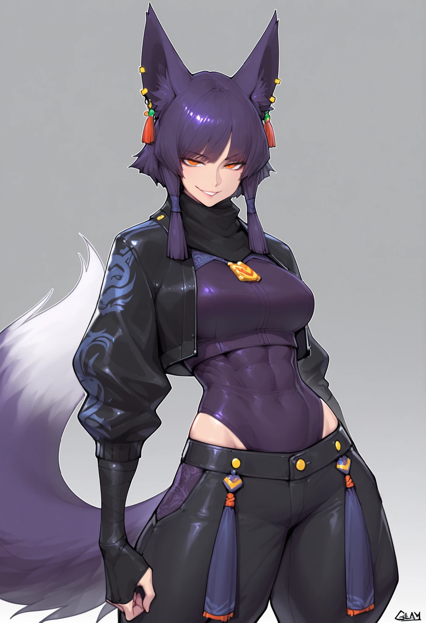gorgeous kitsune girl, beautiful face, kitsune, hair of ash-purple color, beautiful young woman, orange eyes, slit pupils, personalami style, volputrous body, toned woman, curvy and athletic, fox ears, short hair, dark adventurer jacket, black buggy pants, fox tail, sly smile, attractive proportions, defined athletic arms and legs, athletic lanky body, fox ears, calm dominant expression, hair tubes, half-closed eyes, medium breasts, huntress, masterpiece, ultra definition, simple white background