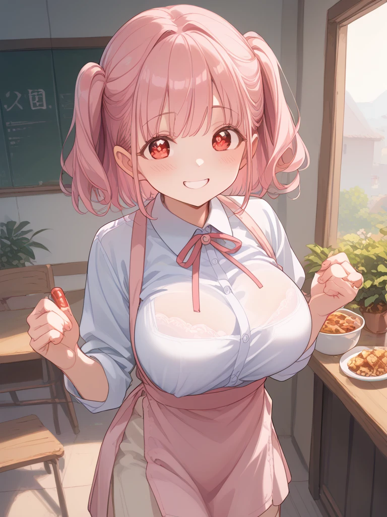 1girl, 1boy, penis between the breasts, breasts squeezed together, cleavage, unbuttoned, hat, fast food restaurants outfit, MacDonald, afternoon, after work, room, naughty, :d, twintails