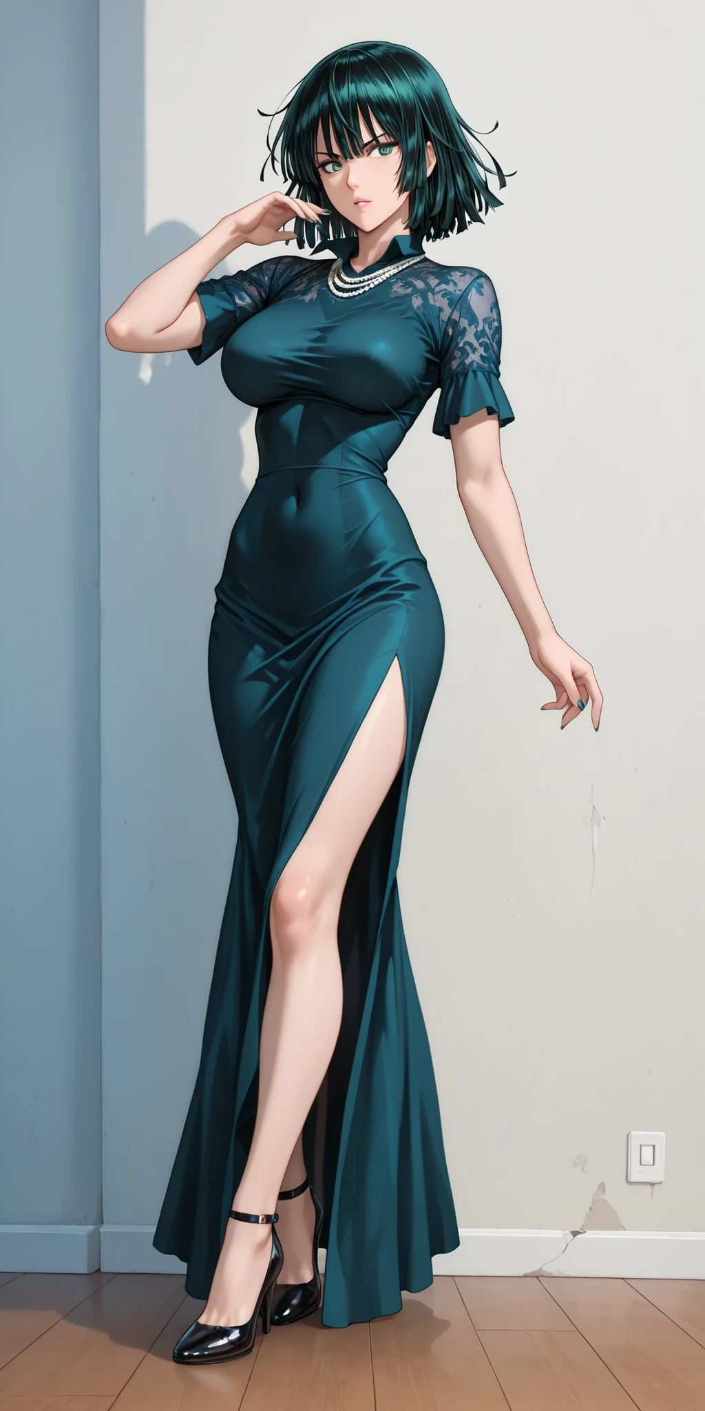 1girl, Fubuki (One-Punch Man), black hair, green eyes, short hair, mature woman, breasts, anime screenshot, home, looking at the viewer, dynamic pose, best quality, masterpiece, ultra detailed, very aesthetic, shorts hairs, green hair colors, nails, navy nails colors, a woman in a blue dress standing next to a wall, digital art of an elegant, full body illustration, standing elegant pose, anime full body illustration, wearing an elegant dress, sexy gown, style of charlie bowater, detailed dress and face, detailed full body portrait, style artgerm, elegant dark blue dress, blue dress, beautiful full body concept art, Fubuki( One Punch Man)、 Big Breasts、 、 one woman、Big Breasted 、 high definition 、Masterpiece、 High Quality 、 detailed face 、 detail eyes、front、1girl, Fubuki (One-Punch Man), black hair, green eyes, short hair, mature woman, breasts, anime screenshot, home, looking at the viewer, dynamic pose, best quality, masterpiece, ultra detailed, very aesthetic, ultra detailed eyeball
