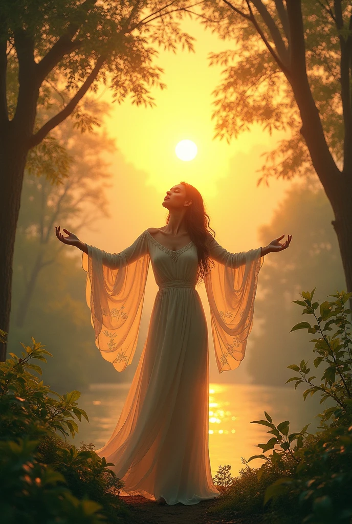"An image that represents the concept of 'rebirth from the shadows'. In the middle, A female human figure emerges from a dark, dense shadow, with his arms outstretched towards the light shining from above. The figure seems to be reborn, as if emerging from the darkness into a new dawn. Around it, the shadows slowly dissipate, transforming into warm colors like gold, orange and red, symbolizing hope and renewal. The background shows a half-shadowed landscape, half lit, representing the transition from darkness to light. And that above the image this is written as a title : Reborn from the shadows "