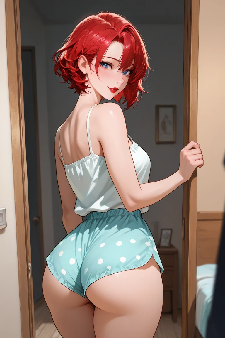 (high-level image quality), (high quality), (high resolution), (detailed), (masterpiece), beautiful woman, caucasian, green eyes, red hair, short hair, dark red lipstick, Detailed face, malicious face, from behind, sexy underwear, portrait, bedroom