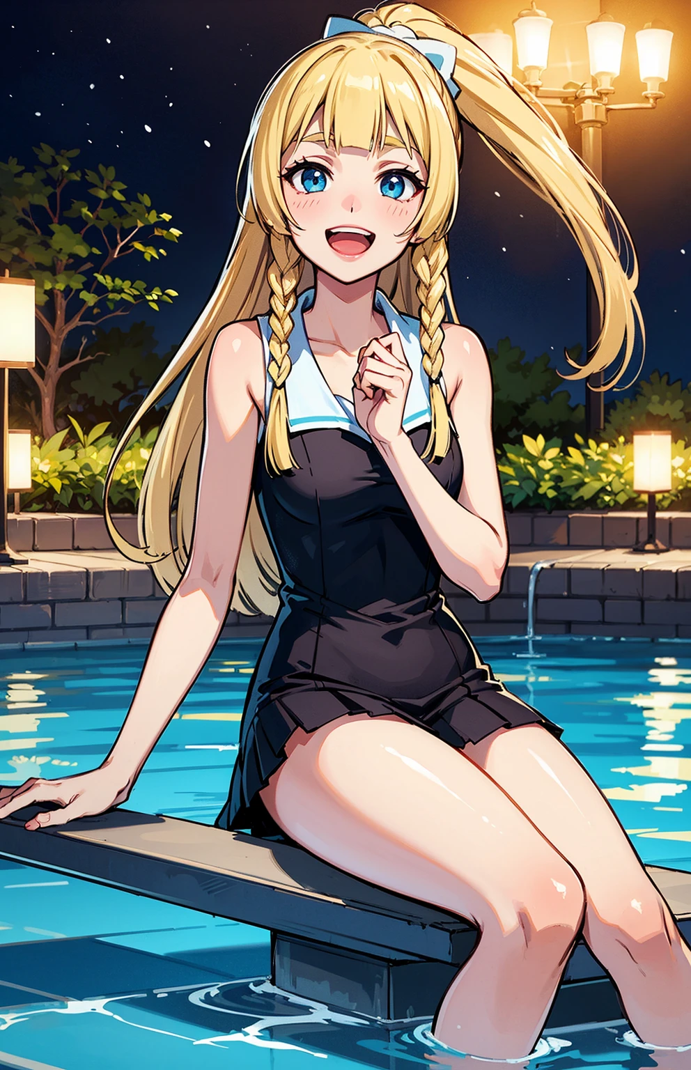 ((masterpiece,best quality)),1girl, breasts, swimsuit, solo, looking at viewer, large breasts, barefoot, smile, on stomach, pool, wet, lying, water, the pose, bikini, open mouth, bangs, feet, ass, feet up, white bikini, soles, outdoors, dark blue eyes, bare shoulders, bracelet, jewelry, long hair, cleavage, blonde hair, blush, long hair, partially submerged, :d, toes, thighs, tree,