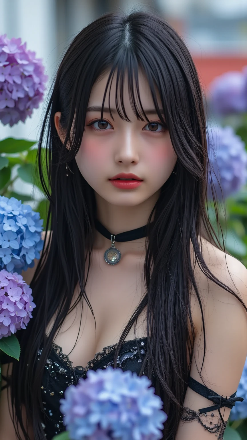 (masterpiece:1.3), (8K, Photorealistic, Raw photo, Best image quality: 1.4), Black fashion,Slender body、((Portrait taken from above:1.3,)),(Smiling with teeth showing,Big smile)),((Straight jet black hair:1.4))、(((Purple ribbon in hair))),((Short bangs hair)),Super detailed face、((Attention to detail))、double eyelid、Put your chest together、Sharp focus:1.2、Beautiful woman:1.4