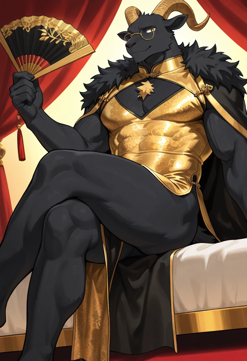 a giant jet black gigantically muscular anthro sergal laying on his back in medieval bedchamber, his gigantic hyper giant penis is erect in the air, huge exxagerated proportions, shiny velvet fur, his huge balls rest heavily on the bed,. he has huge round pecs, , massive arms, big thick thighs, broad shoulders. his giant arms are above his head. hes wearing a black harness with super thick straps, belly , legs wide, small head, huge black glossy nipples pierced, big long tail, lots of gold jewellrry, surrounded by gold trinkets, dynamic mischevious pose, side view, wide angle lens,